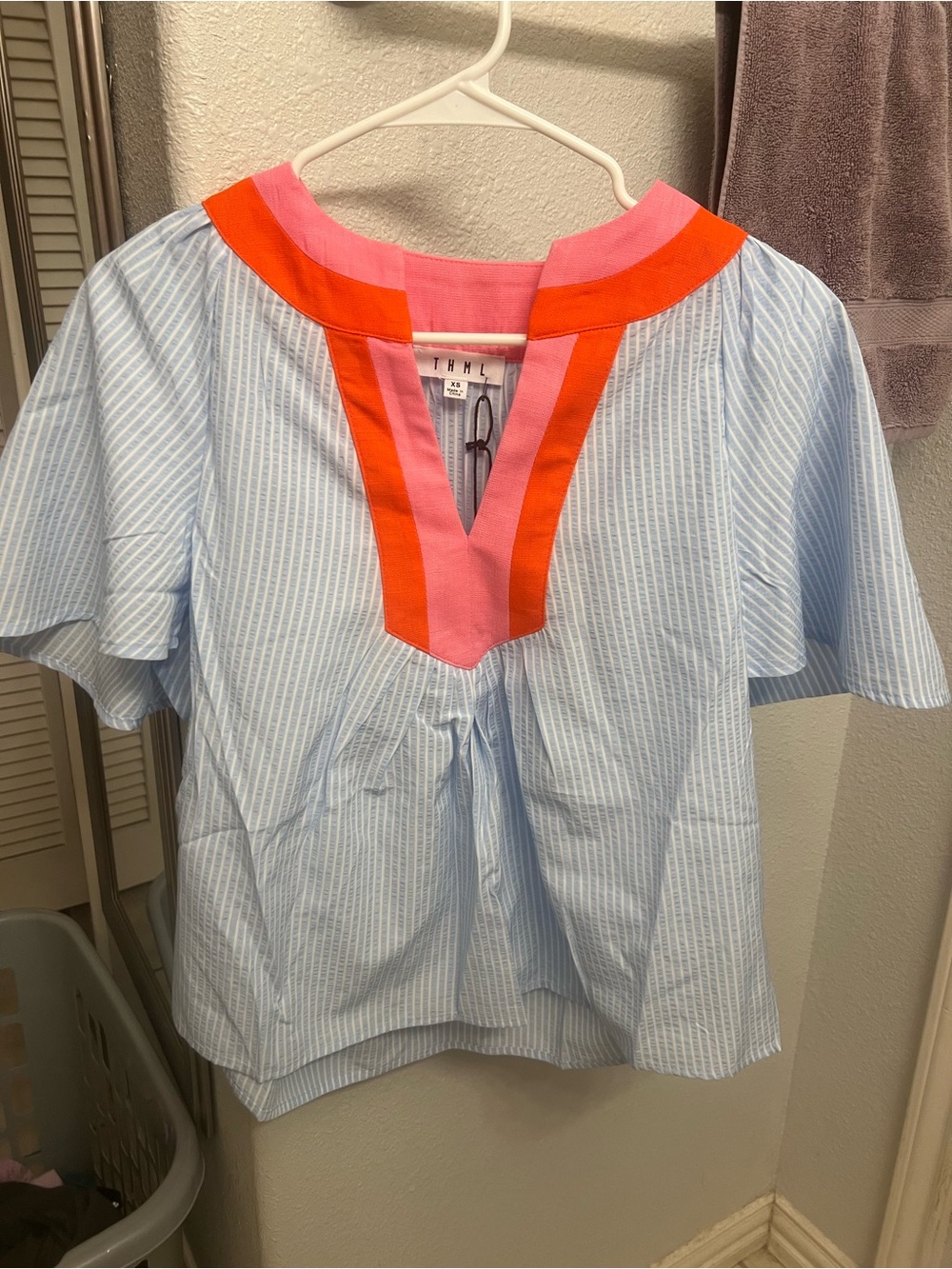 THML Light Blue Stripe Top with Neck Trim - Picture 2 of 2